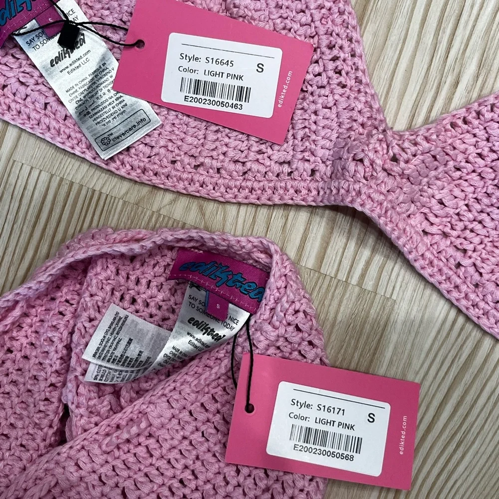 Edikted Pink Crochet Bikini Top and Tiered Coverup Set